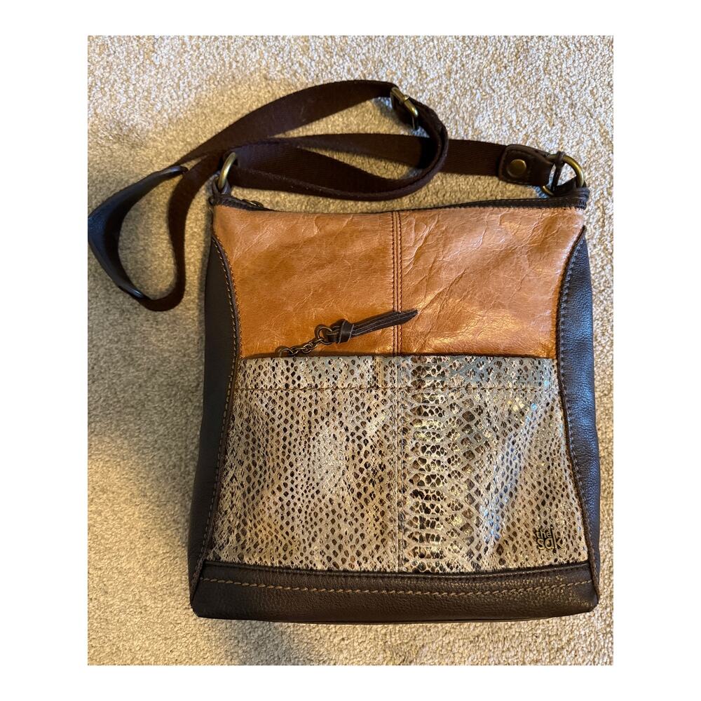 The Sak Caramel Tan Brown Leather Snake Skin Messenger Cross Body Bag - Picture 3 of 9